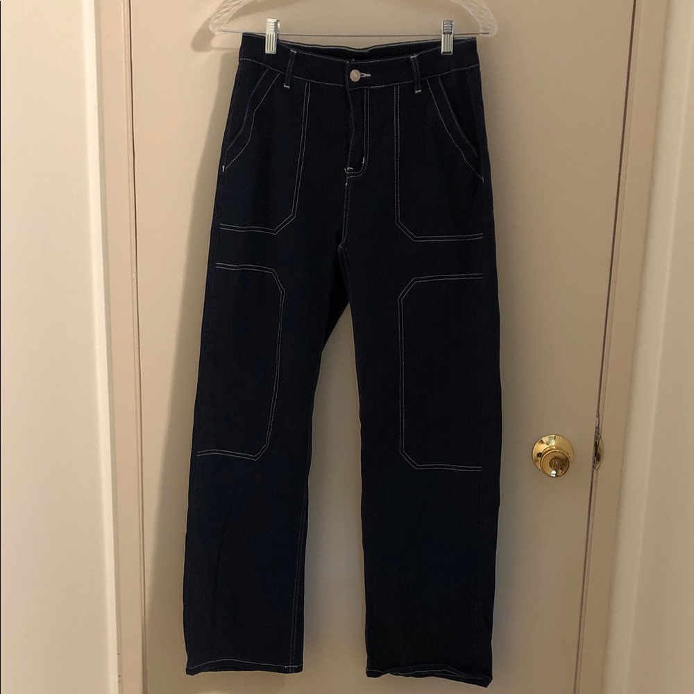 Navy Blue Straight-Leg Carpenter Pants with Contrast Stitching